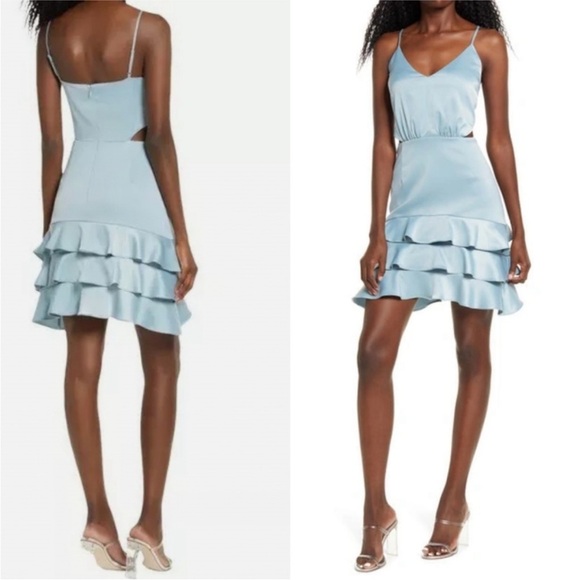 WAYF Mackenzie Cutout Tiered Ruffle Satin Mini Dress - Picture 1 of 2